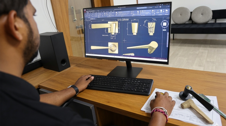 Precision prototyping phase for custom door hardware at Atcraft Design Studio